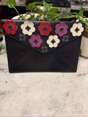 Rebecca Minkoff Floral Applique Envelope Clutch Black Leather Flower Purse